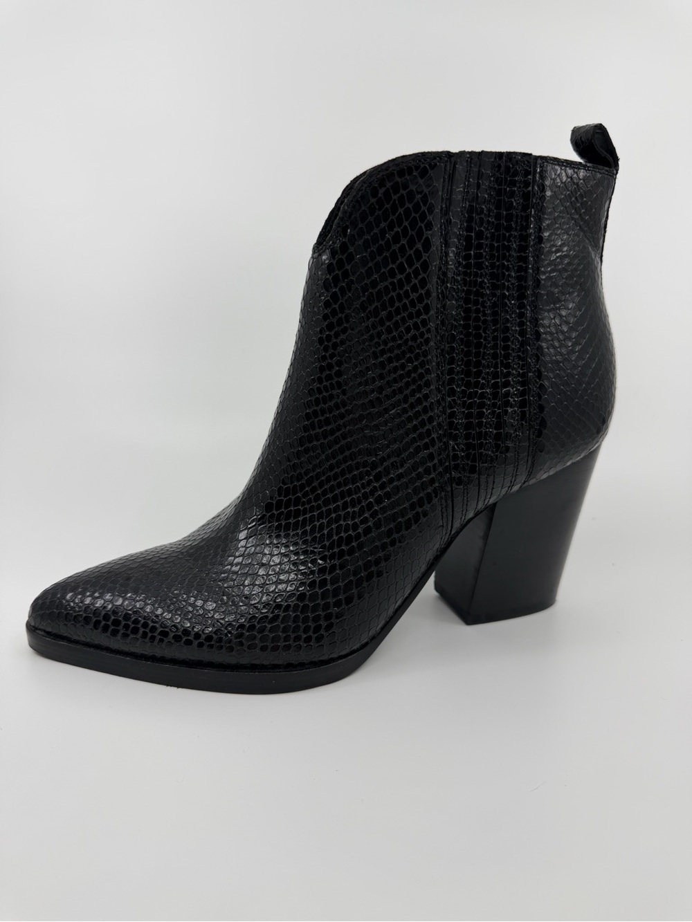 Leather Ankle Boots Black‎ Snakeskin Embossed Block Heel Pointed Toe Size 7 Marc